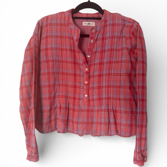 Natural Life Montana Style Plaid Cotton Gauze Blouse Metallic Thread Boho Size M - Picture 3 of 8